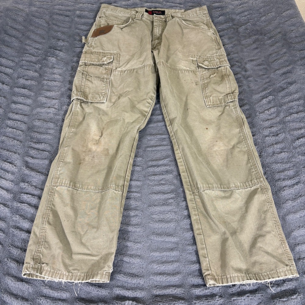 Wrangler Riggs Workwear Mens 34x32 Khaki Ripstop Cargo Carpenter Pants 3W060BR